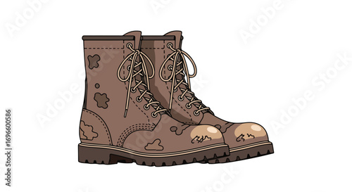 Illustration of mud-splattered work boots, capturing the essence of outdoor adventures and demanding tasks, worn condition suggests reliability and