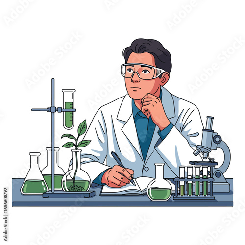 A thoughtful male scientist in a lab coat conducting plant research in a laboratory with beakers and a microscope.