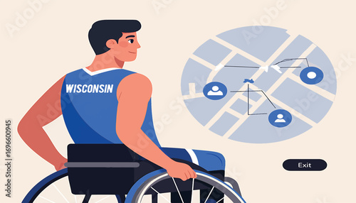 Illustration of an athlete in a wheelchair using a digital map for navigation. Concept of accessibility, mobility, and technology for people with disabilities