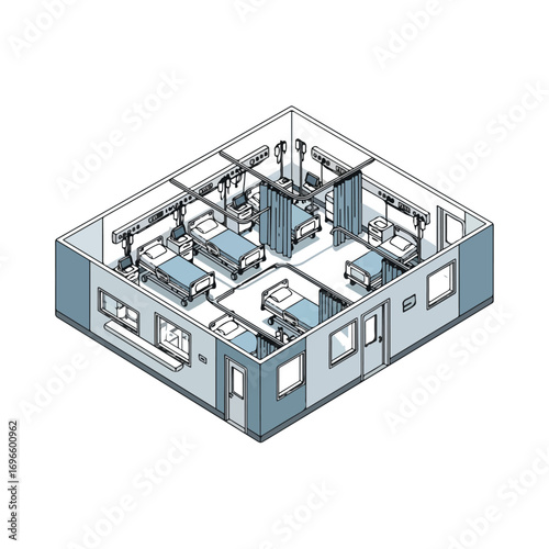 Isometric view of a hospital ward with beds and medical equipment.