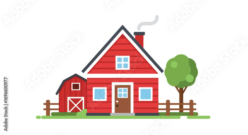 Charming Red Farmhouse Illustration with Barn and Tree on White Background Depicting Rural Life Illustration