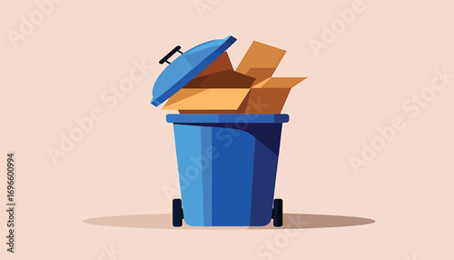 Open blue wheeled trash can full of cardboard boxes for waste disposal and recycling concept illustration