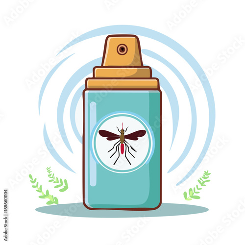 Mosquito repellent spray bottle with insect symbol and protective shield effect illustration