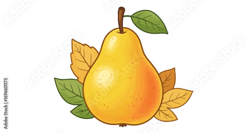 Yellow pear fruit illustration with autumn leaves a vibrant and colorful organic food graphic design element on transparent background