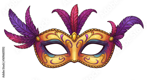 Gold purple feathers venetian carnival mask masquerade ball party costume accessory elegant ornate design on transparent background