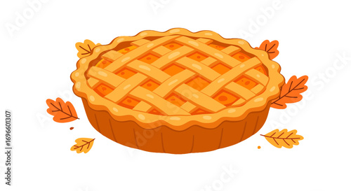 Delicious pumpkin pie with autumn leaves illustration thanksgiving dessert holiday season food sweet treat on transparent background