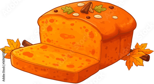 Delicious autumn harvest loaf cake with cinnamon sticks and fall leaves seasonal food illustration on transparent background