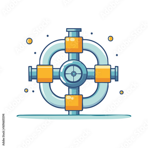 Stylized Industrial Pipeline Connection and Central Valve Illustration