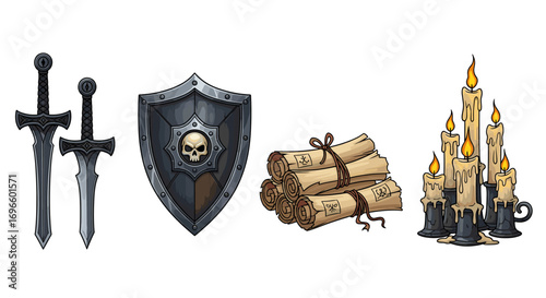 Fantasy Armory: Swords, Shield, Scrolls, and Candles on a White Background
