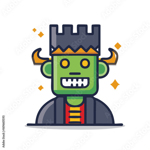 Green Frankenstein Monster Icon with Bolts and Crown