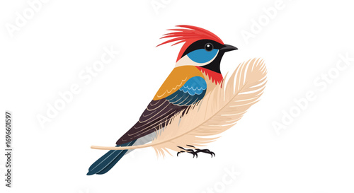 Vibrant plumage bird with a striking crest, perched gracefully on a delicate feather with artistic style impression composition