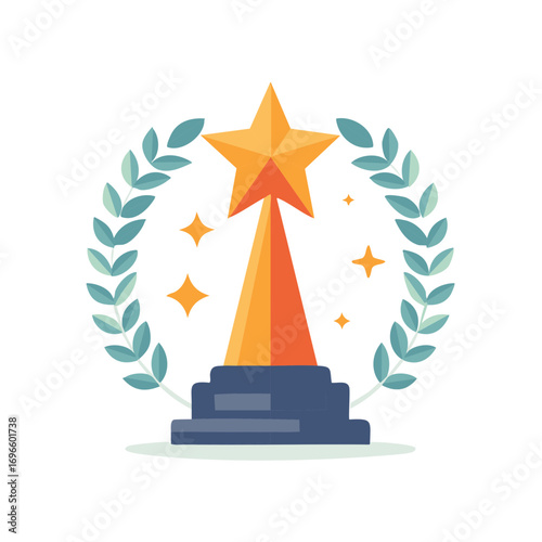 Award trophy with star, laurel wreath and sparkles, symbol of success and achievement.