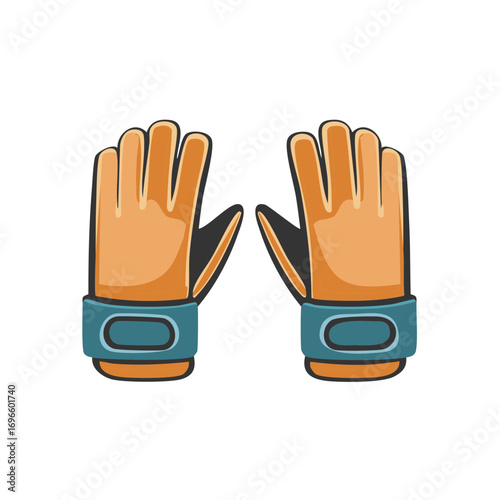 Pair of cartoon style orange gloves with teal wristbands isolated on white background