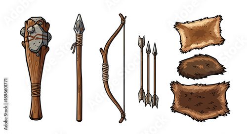 Prehistoric hunting tools with club, spear, bow and arrows with hides