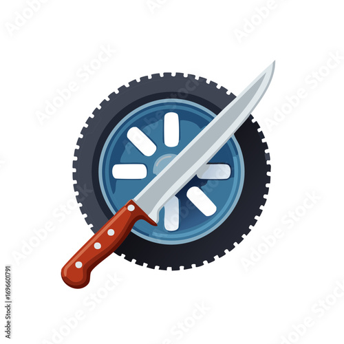 Sharp Knife Cutting Through Car Tire Wheel
