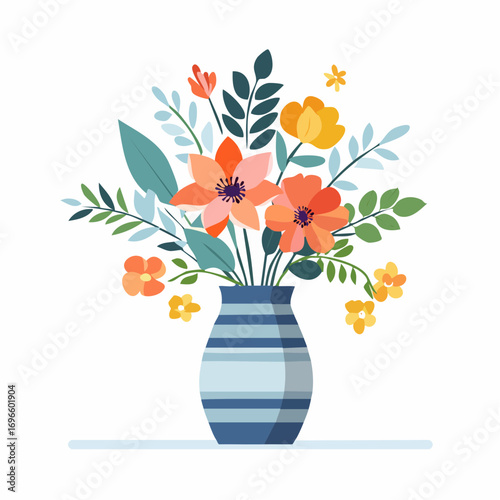 Stylized Floral Arrangement with Peach and Yellow Blooms in Striped Vase