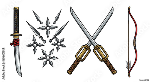 Collection of various ancient ninja and samurai weapon illustrations
