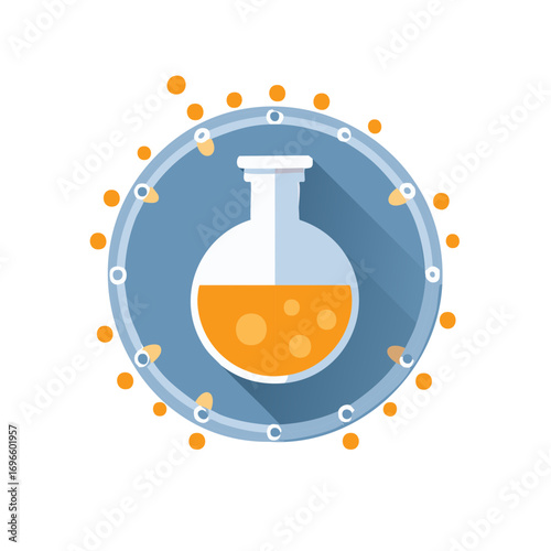 Laboratory glassware containing orange liquid with dots representing molecule and virus structure for science and medical research