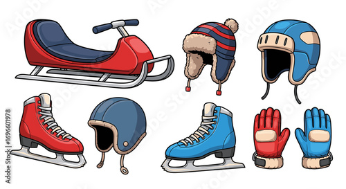 Winter Sports Cartoon: Illustrated Sled, Skates, Helmets, and Gloves Set
