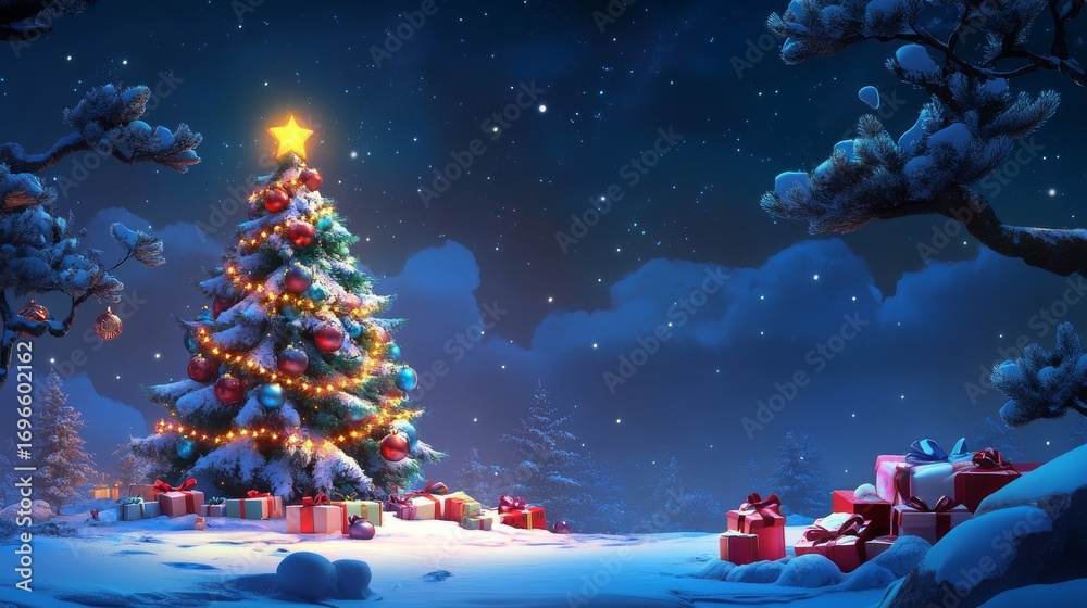 Naklejka premium Illuminated Christmas Tree with Gifts in a Snowy Night Landscape