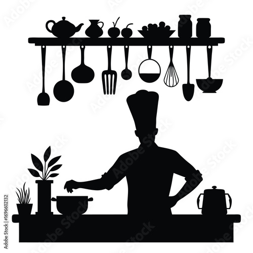Chef silhouette with hands on hips and cooking pot on counter Keywords: chef, silhouette
