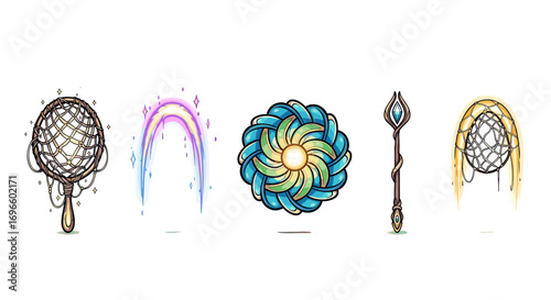 Magical items: Dreamcatcher, portal, flower, wand and net