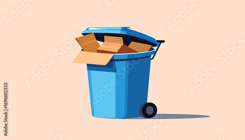 Waste sorting and paper recycling concept with a blue container full of cardboard boxes flat vector illustration