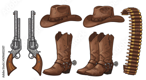 Classic Cowboy Gear: Guns, Boots, Hats, and Bullets Illustration