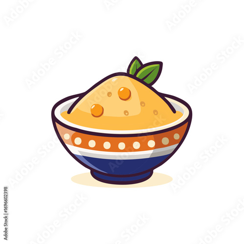 Yellow Grain Dish in Ornate Bowl with Leaf Garnish for Food or Nutritional Illustrations