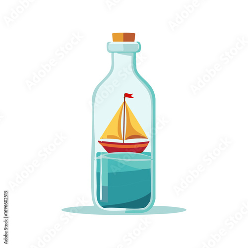 Sailing boat inside a glass bottle with turquoise water and a cork stopper