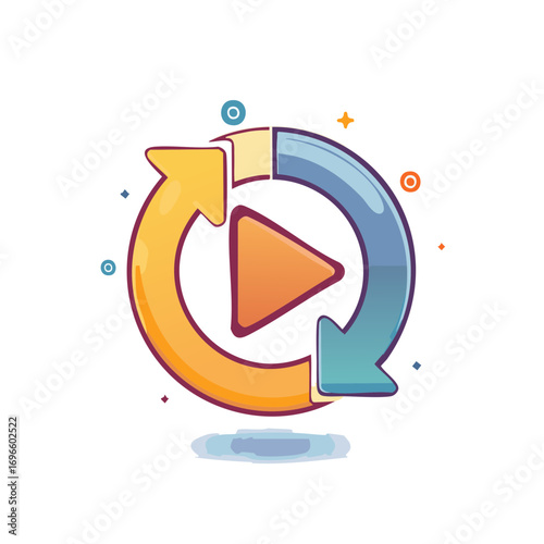 Colorful stylized illustration of a play button within a circular arrow pattern signifying restart or replay functionality