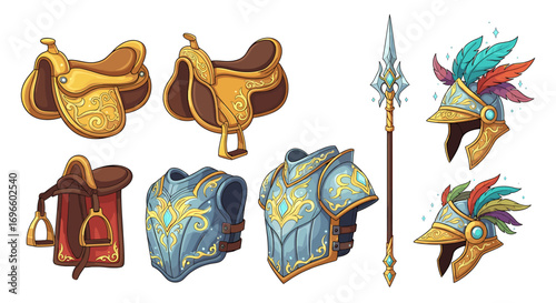 Fantasy Armor and Equipment Set with Gold Ornamentation on White Backdrop