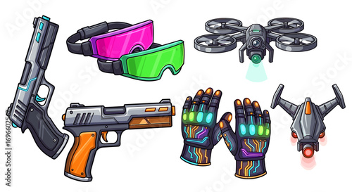 Cartoonish collection showcasing various futuristic weaponry and technology gadgets.