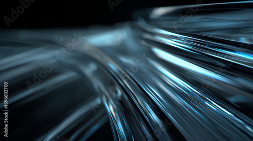Abstract black 3d background with glass transparent square plates row, light blue gradient and speed motion effect. Crystal curve wave line pattern. Render futuristic digital tech Stock Illustration