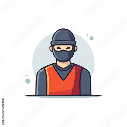 Masked person with a hat and red vest cartoon illustration