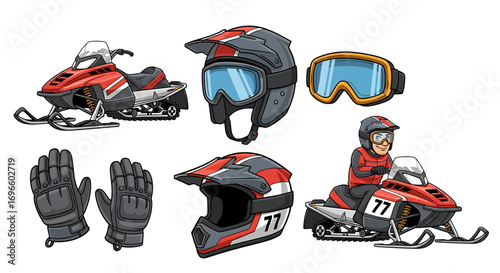 Cartoon Snowmobile Rider Gear and Vehicle Illustration Set on White