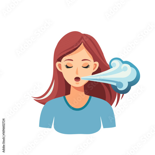 Woman exhaling vapor cartoon illustration, eyes closed, relaxation or expression