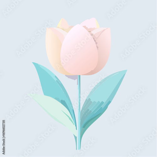 Stylized White Tulip with Pastel Accents and Teal Leaves Illustration