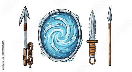 Nautical Weapons and Shield with Swirling Water Cartoonish Digital Illustration