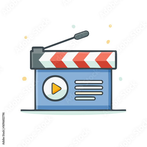Cartoon Clapperboard with Play Button and Text Lines Indicating Video Production and Content Creation