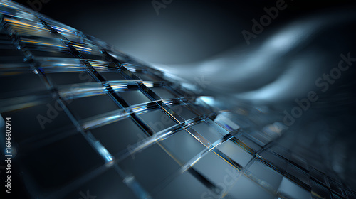 Fototapeta Naklejka Na Ścianę i Meble -  Abstract black 3d background with glass transparent square plates row, light blue gradient and speed motion effect. Crystal curve wave line pattern. Render futuristic digital tech Stock Illustration