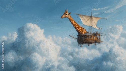 A whimsical flying giraffe navigates a wooden ship among soft blue clouds, evoking a sense of adventure and creativity in a dreamy atmosphere with copy space
