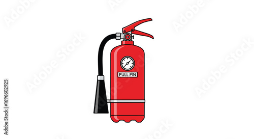 Vibrant illustration of a red fire extinguisher with a detailed gauge and activation mechanism against a blank backdrop