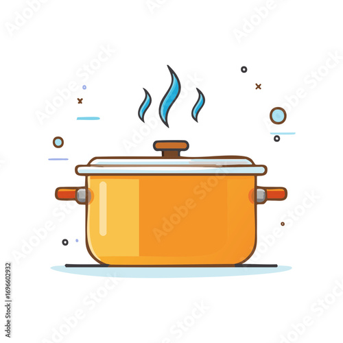 Flat design cartoon pot emitting steam suggesting hot food is cooking on a stove