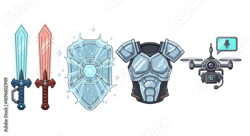 Cartoon fantasy knight items including swords, armor, shield and drone