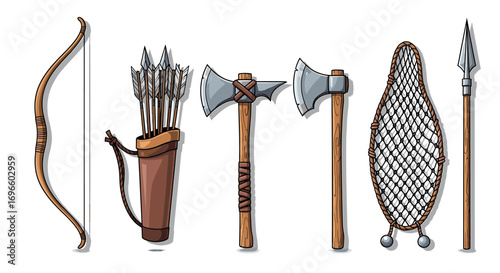 Cartoonish Set of Ancient Hunting and Warfare Tools Depicted