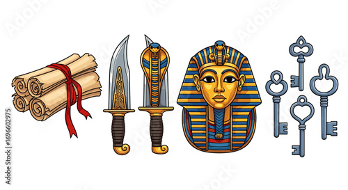 Ancient Egyptian Treasures: Scrolls, Daggers, Mask, and Keys, isolated