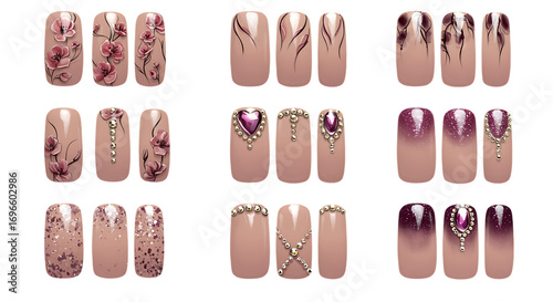 various nail designs with floral patterns and decorations on transparent background