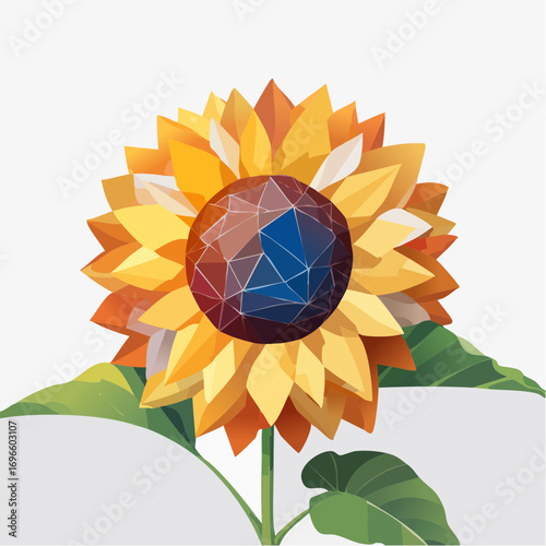 Geometric Sunflower with Faceted Center and Stylized Petals and Leaves