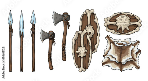 Primitive Weapons and Armor Set: Spear, Axe, Shield and Pelt
